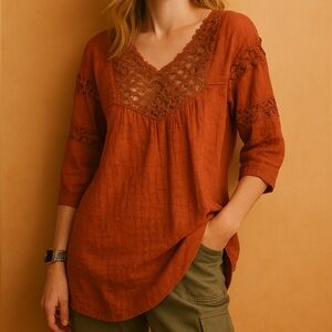 Maria Rerio Tangerine Crochet Boho Peasant Blouse Top Large